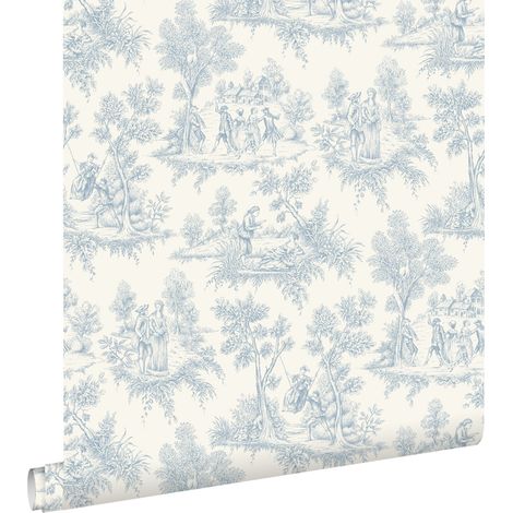 papier peint toile de jouy bleu clair  - ESTAhome