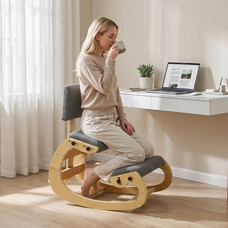 Fauteuil à bascule ergonomique à genoux avec dossier, en lin gris, bon rapport qualité-prix (1/5)