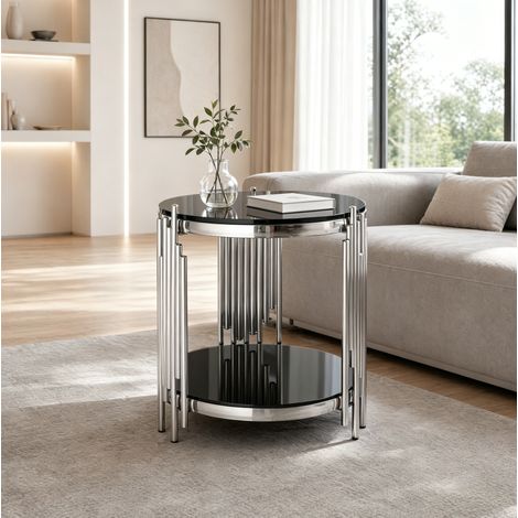CHICFURN Tavolino rotondo 45 x 55 cm in vetro temperato nero, struttura in acciaio, per soggiorno (1/5)
