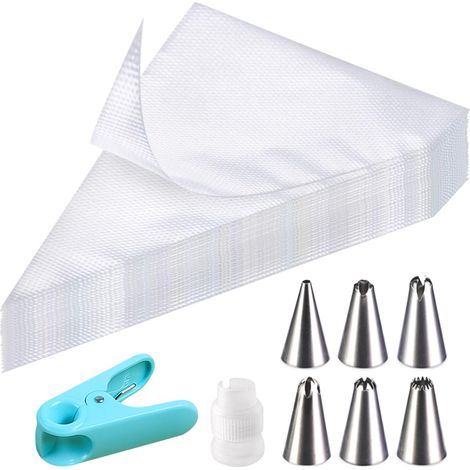 100 Pcs Poches à Douille Jetables, Kit Pâtisserie avec 6 Douilles en Acier Inoxydable, 1 Adaptateur, 2 Clip, Poches à Douilles pour Pâtisserie, Décoration Gâteau, Cupcake, Biscuit, Dessert