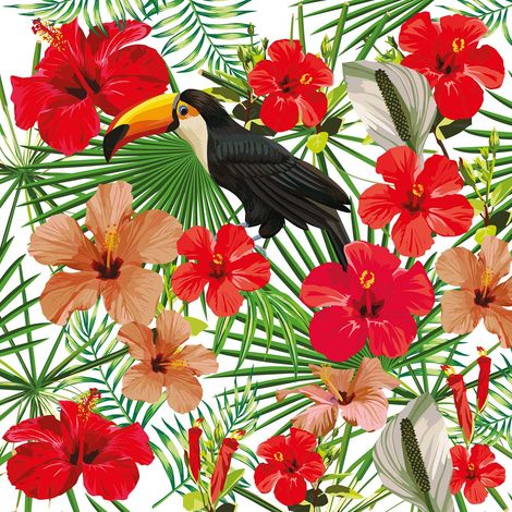 Papier peint panoramique jungle avec toucan Tapisserie panoramique tropicale rouge & verte Papier peint panoramique floral exotique avec oiseau