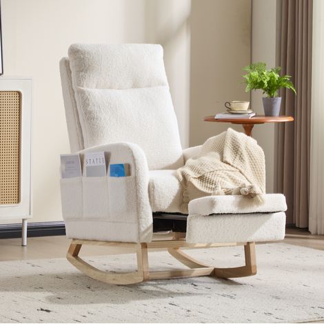 Fauteuil à bascule 75x63x104 cm en tissu peluche blanc, repose-pieds, chambre bébé – MEUBLIV (1/5)