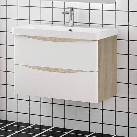 Meuble salle de bain 80x39.5x50cm 2 tiroirs meuble suspendu avec la vasque couleur blanc et bois (1/4)