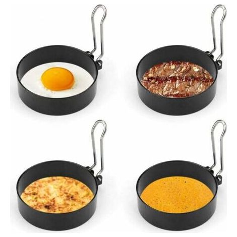 QORVA-Anneaux à œufs en acier inoxydable, 4 anneaux à œufs antiadhésifs avec poignées pliantes, anneaux de braconnage de 7,5 cm/2,95 pouces pour œufs frits crumpets Beefsteak, etc., Noir-Fei Yu (1/4)