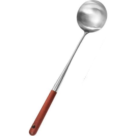 Ensemble d'ustensiles de cuisine chinois de qualité professionnelle en acier inoxydable pour wok, comprenant une spatule et une louche avec manche en bois et trou de suspension (manche de 43 cm de lon