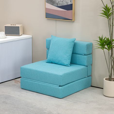 Fauteuil convertible, inclinable, lit d'appoint. Housse amovible, 70 cm x 70 cm x 61 cm, bleu clair.