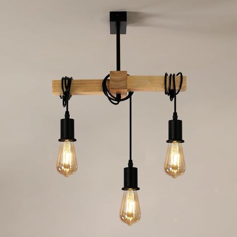 Comely – Lustre industriel rétro 3 têtes E27 – Matériaux bois et métal – Taille 40x13x23 cm – Pour salon, cuisine, chambre – Ampoule non incluse (1/5)