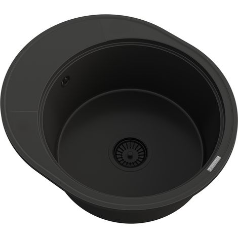 Évier Rond en Granit avec Égouttoir Latéral RAMIS Noir, 1 Bac, Réversible, Siphon Noir Inclus (1/5)