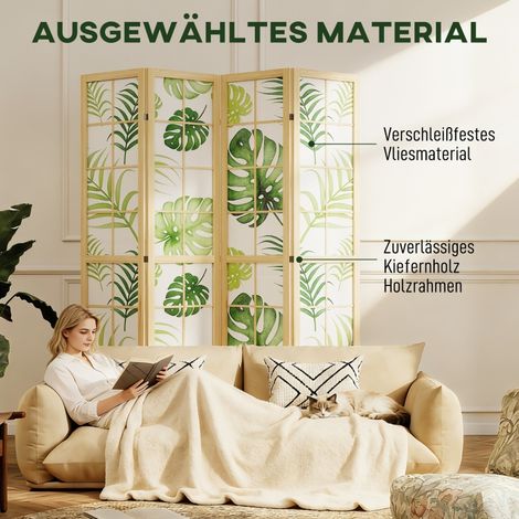 Paravent pliable 4 panneaux, design boho tropical, séparateur de pièce autoportant, cadre en bois, vert (1/5)