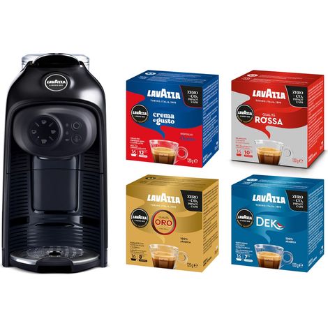 Lavazza, A Modo Mio Macchina per Caffè Idola Nera con 64 Capsule A Modo Mio Assortite, Macchina per Espresso Compatta e Silenziosa, 1500 W, 220-240 V, 50/60 Hz, Capacità Max 1.1 Litri d'Acqua