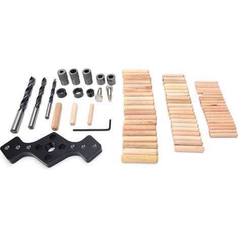 Woodworking straight hole drill locator, black aluminum alloy + 7-piece drill bit set + 60mm wood dowel. (1/5)
