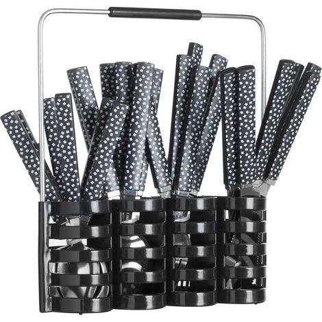 Ménagère 24 pièces en acier inoxydable et plastique – Rack noir pour rangement – Dimensions 22,5 x 7 x 24,3 cm – Poids 0,892 kg – Five Simply Smart