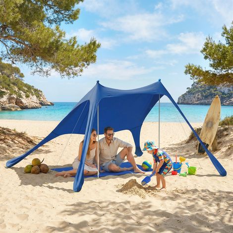 UV-Schutz 50+ Strandzelt für 2–4 Personen mit Matte und Schaufel, Lycra und Aluminium, 200 x 208 x 200 cm, Blau