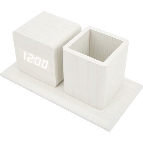 Porte-stylo-horloge LED créatif en bois, cadeau de bureau, horloge électronique silencieuse en bois avec affichage de la température et du calendrier, bois blanc et lumière blanche. (1/5)