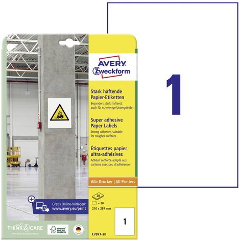 Etiquette ultra-adhésives Avery-Zweckform L7877-20 210 x 297 mm papier blanc 20 pc(s) fixation permanente , fixation fo (1/4)