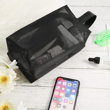 Sac de Douche en Filet Noire, Mesh Shower Bag en Maille zippée avec Poignées Suspendues Pratique pour Les Voyages, la Salle de Bain, l'Organisateur de Cosmétiques (1/4)