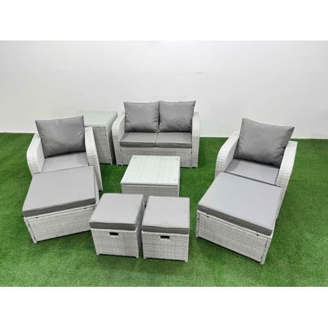 Fimous Outdoor Garden Furniture Set PE Rattan Love Sofa Reclining Chair Set with Coffee Table 4 Footstools Side Table Light Grey (1/4)