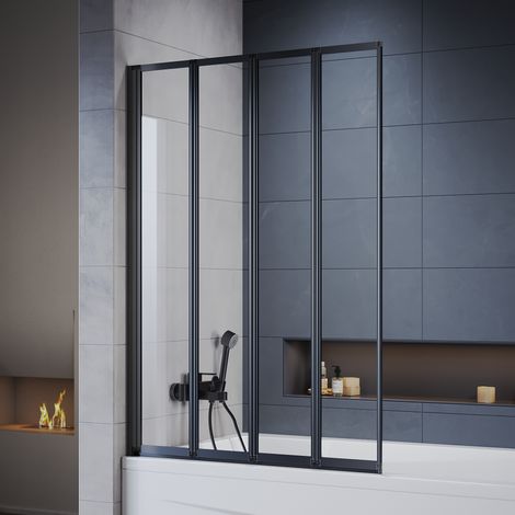 ELEGANT Bath Screen 4mm Safety Tempered Glass Shower Screen 4 Folding Matt Black Frame Glass Screen 1000x1400mm
