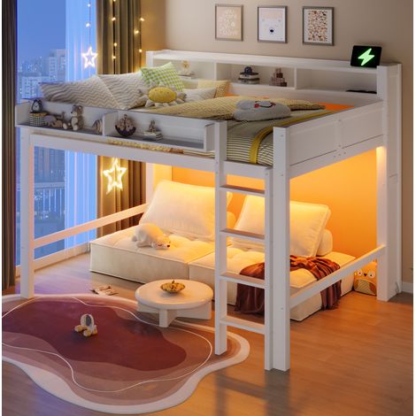 Bett Hochbett modern aus Holz Weiß 140x200 cm mit Schreibtisch, 3 Schränken, LED und fester Leiter