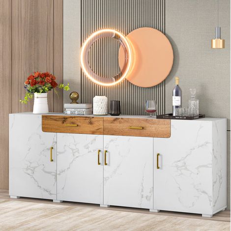 Meuble TV 4 portes et 2 tiroirs, 208 x 39,5 x 80 cm, blanc HAVRYA (1/5)