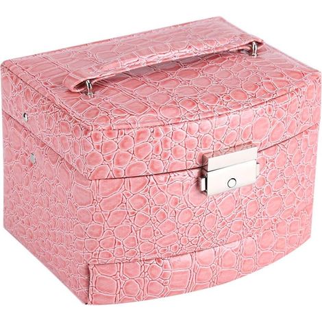 Leather Jewelry Box/Display Case with 3 Trays, Drawers, Velvet Interior, 5 Colors, Lockable with Key, Mirror, Accessories (Pink) (1/5)