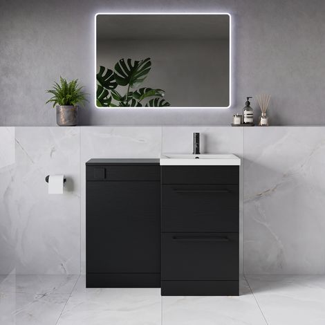 Napoli 390 Nero Oak 1000mm 2 Drawer Vanity Unit Toilet Suite with Glide Basin - 1000mm - Matt Black 320mm HandleWithout Kingston Toilet Pan