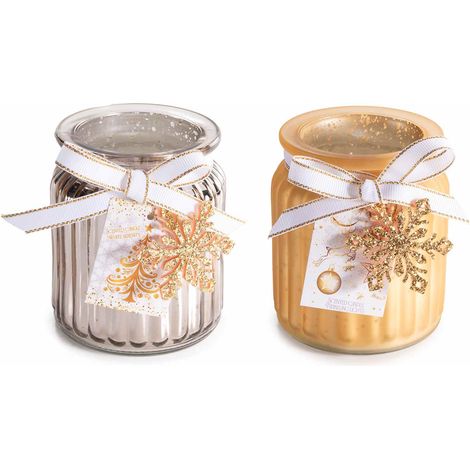 Candele profumate di Natale in vasetto di vetro riflettente con fiocco, decoro fiocco di neve in metallo dorato e tag, set da 4 pezzi, Ø 8 cm x 9 H