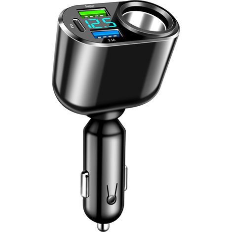 111-W-USB-C-Zigarettenanzünder-Ladegerät, USB-Typ-C-Autoladegerät, 90-W-Auto-Netzteil, 66-W-Superschnellladung und 30-W-PD-Autoladegerät, mit LED-Voltmeter. (Schwarz)