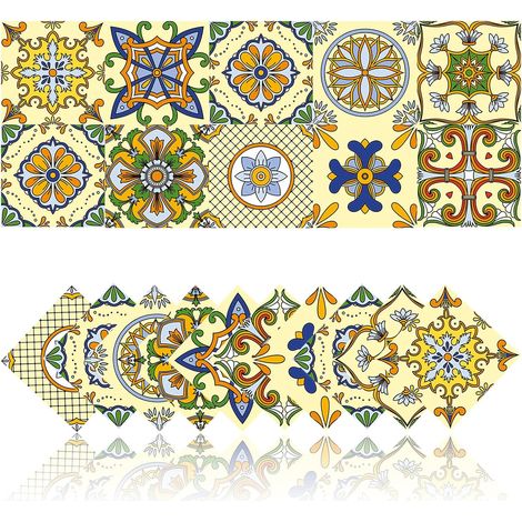 20 Pièces Autocollants Carrelage de Cuisine Carrelage Adhesif Mural Stickers de Salle de Bain Autocollants Décoration Murale PVC étanche Mosaïque Style Rétro (20x20cm,Jaune) (1/5)