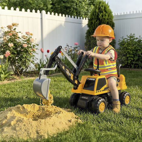 Pelleteuse électrique à pédales avec godet. volant pivotant. structure réglable. dossier. pour enfants de 1.5 à 3 ans. jaune