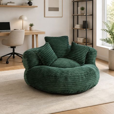 Poltrona a sacco 108 x 108 x 52 cm in tessuto a coste verde scuro, 3 cuscini, soggiorno FloraGrace (1/5)