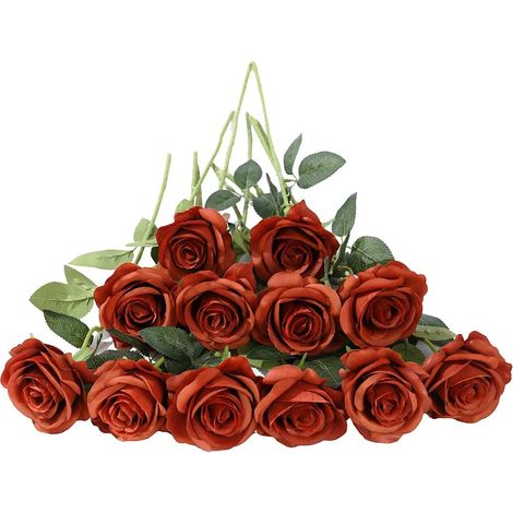 Lot de 12 roses artificielles en soie à longues tiges, pour la décoration de la maison, mariage, salle de bain et cuisine (marron orangé)-AquaForge (1/5)