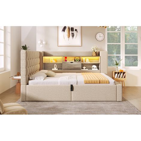 letto contenitore 90x200 LED USB beige salvaspazio HAVRYA (1/5)