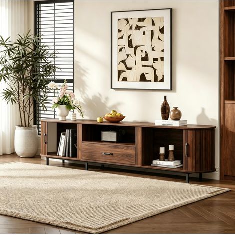 Mueble TV 180x40x50 cm de MDF con puertas correderas, cajón y huecos, nogal OKWISH (1/5)