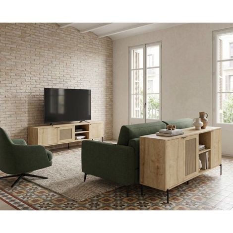 Meuble TV INTI - Chêne - 3 portes, 2 niches - 164 x 35 x 50 cm (1/5)