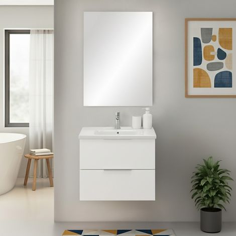 Mobile bagno sospeso 60cm bianco opaco con cassetti lavabo e specchio Elva (1/5)
