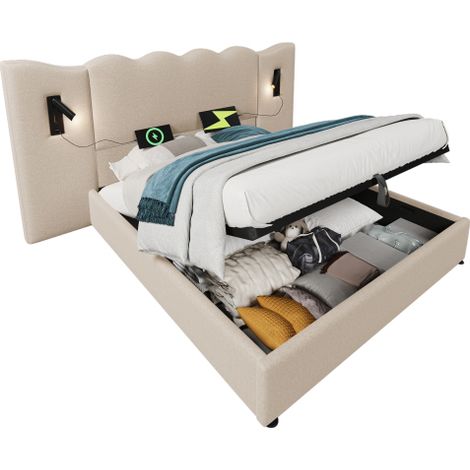 Polsterbett Doppelbett mit Leselampe und USB Type-C Ladefunktion, Stauraumbett Bettgestell mit Lattenrost aus Massivholz und Metall, Cordstoff (Ohne Matratze)