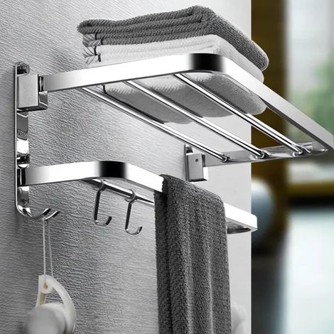 Toallero plegable sin agujeros, fabricado en acero inoxidable 304, con estante de almacenamiento integrado. (1/2)