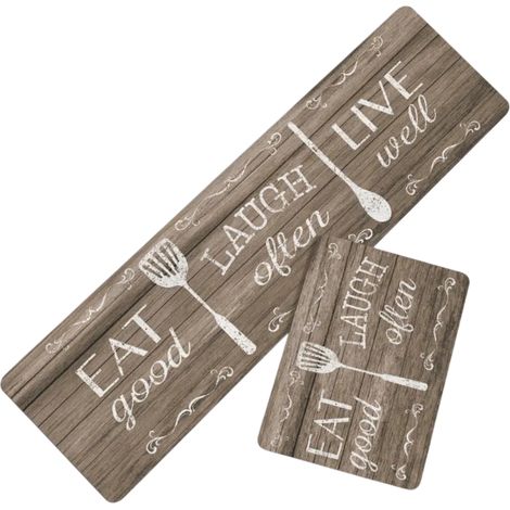 Set di 2 tappetini da cucina antifatica, antiscivolo e imbottiti, impermeabili e confortevoli, stile rustico, per lavello, lavanderia, colore marrone.