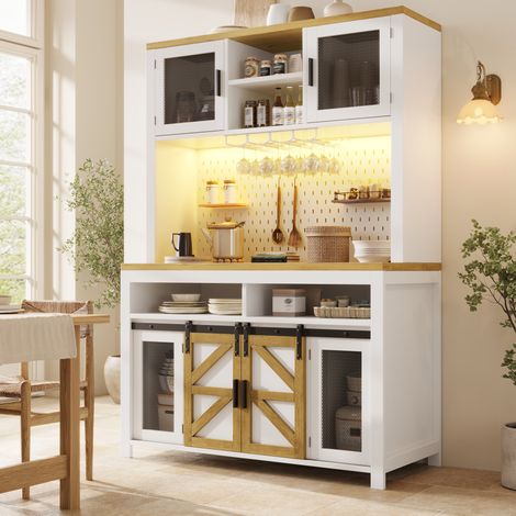 Armoire de cuisine 120x40x174.5 cm blanche en MDF avec LED, prise intégrée et rangement modulable (1/5)
