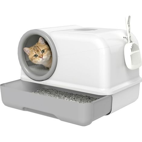 Tray to litter for cat with cover, shovel, tray extendable, 2 filters to charcoal active, for cats up to 5 kg, 59 x 39,5 x 39,5 cm, white and gray (1/5)