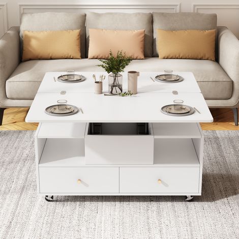 Mesa de centro elevable 100 x 50 x 47,5 cm, 4 cajones, tablero abatible, blanca HAVRYA (1/5)