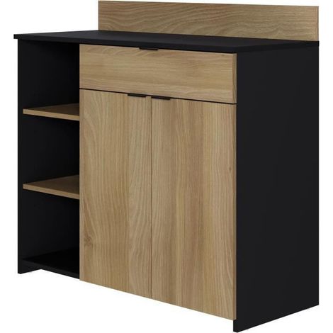 Buffet Cuisine - 2 portes + 1 tiroir - Mélaminé chêne et noir - L 100 x P 42 x H 95 cm
