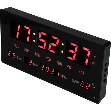 Horloge murale numérique LED, grand écran, horloge de bureau précise avec calendrier électronique et affichage de la température intérieure, prise 100-240 V (Royaume-Uni). (1/5)