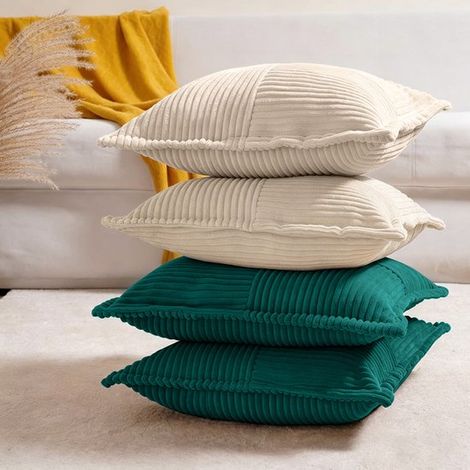 Juego de 4 fundas de cojín cuadradas de pana con diseño de patchwork，verde salvia + amarillo jengibre + marrón + beige，4545 cm (1/5)