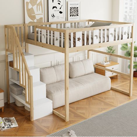 Letto a soppalco 140x200 cm bianco e naturale in legno massello con scala e ripiani (1/5)