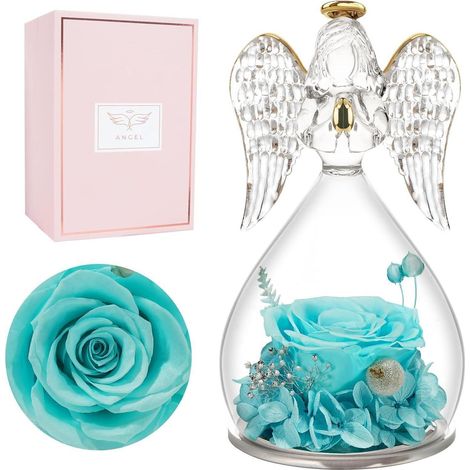 Rose Ewige Engel Figur Glaskuppel Geschenk Mutter Oma Hellblau (1/5)