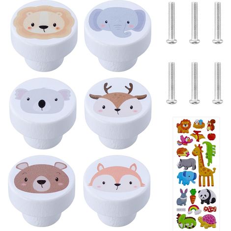 Lot de 6 boutons d'armoire en bois pour chambre d'enfant - Motif animal - Ronds - Boutons de tiroir avec vis - Blanc (1/5)