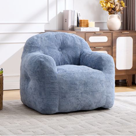 Sillón puff de piel sintética azul, sin montaje, con respaldo ergonómico y relleno de espuma triturada (1/5)