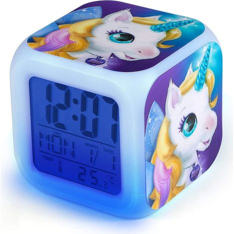 Réveil Digital Rétroéclairé,  Réveil Numérique Licorne, Horloge de Chevet avec la Veilleuse LED pour Enfants, Veilleuse, Date, Température, Motif Licorne (A)